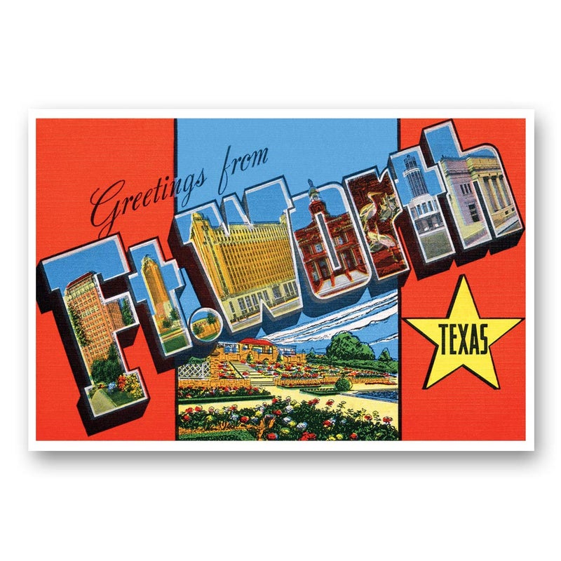 Postcard Fair GREETINGS FROM FT. WORTH, TX vintage reprint postcard set of 20 identical postcards. Large Letter Fort Worth, TX city name post card pack (ca. 1930's-1940's). Made in USA. - Image 1